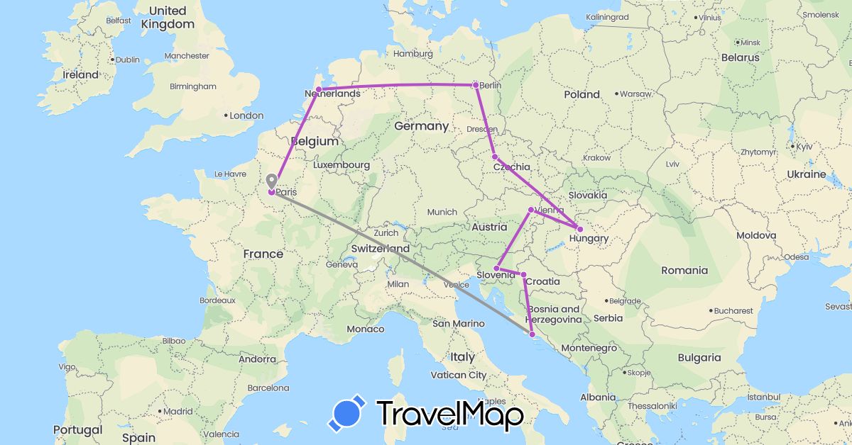 TravelMap itinerary: driving, plane, train in Austria, Czech Republic, Germany, France, Croatia, Hungary, Netherlands, Slovenia (Europe)